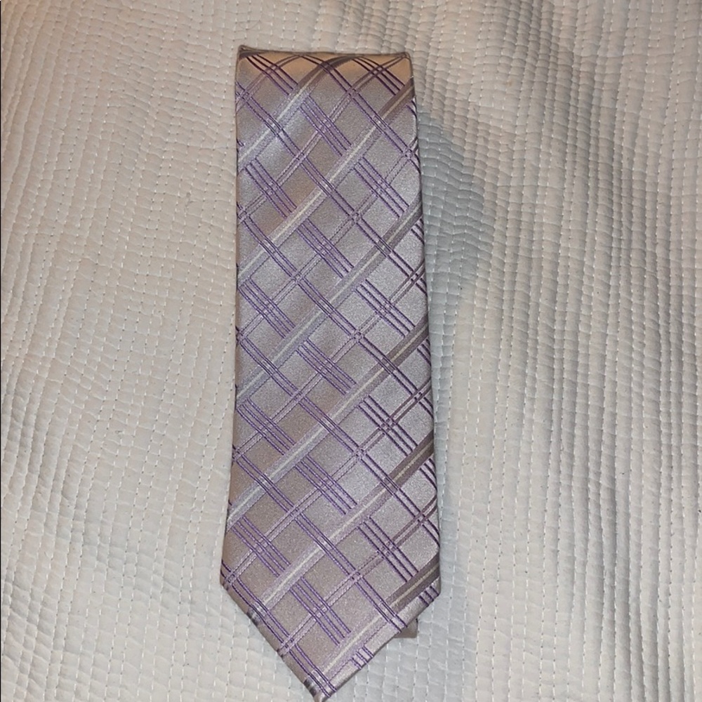 Pronto Uomo 100% silk tie, silver and purple plaid